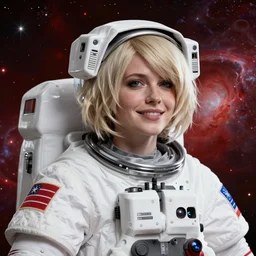 highly detailed portrait of a hopeful pretty astronaut lady with a wavy blonde hair, by Carne Griffiths, 4k resolution, nier:automata inspired, bravely default inspired, vibrant but dreary but upflifting red, black and white color scheme!!! ((Space nebula background))