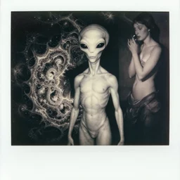 a black and white photo of extra - terrestrial androgyny, mandelbrot, in the style of egon schiele, jenny saville, m c escher, surreal, film photography, soft lighting, fashion photography, polaroid photography