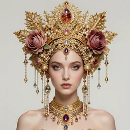 a beautiful portrait render of fairy lady who has rococo dramatic headdress with baroque intricate fractals of roses and colorful pearls tassels made of crystal,by Virginie Ropars and Billelis and aaron horkey and Nekro and peter gric,artstation,hyperreal,jewelry,gold,maximalist