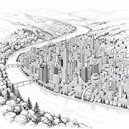 a non - euclidean city by the river with a forest, detailed drawing by m. c. escher