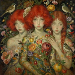 breathtaking detailed concept art painting blend of red short curly hair goddesses of flowers by hsiao - ron cheng with anxious piercing eyes, vintage illustration pattern with bizarre compositions blend of flowers and fruits and birds by beto val and john james audubon, exquisite detail, extremely moody lighting, 8 k