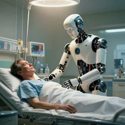 epic masterpiece of cinematographic hyperrealism where a robot appears attending to a patient in the hospital. realistic shaded lighting poster by craig mallismo, artgerm, jeremy lipkin and michael garmash, unreal engine, radiant light, detailed and intricate environment, digital art, art station trends