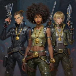 afro - futurist gangstas, weapons and gold chains, jacking the metaverse | hyperrealistic oil painting | by makoto shinkai, ilya kuvshinov, lois van baarle, rossdraws | afrofuturism, in the style of hearthstone, trending on artstation | dark color scheme