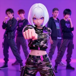 black anime manga girl, throwing punch to camera pose, french bob hair, white hair, wearing camo, purple eyes, by artgerm, james jean, tom bagshaw, gerald brom, vaporwave colors, lofi colors, vaporwave, lofi, goth vibe, 4 k, smooth, hd, substance designer render, full body character concept art, symmetrical, 2 point lighting,