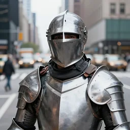 closeup potrait of man in plate armor at a busy new york intersection, natural light, sharp, detailed face, magazine, press, photo, Steve McCurry, David Lazar, Canon, Nikon, focus