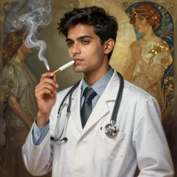 Anxious good looking pale young Indian doctors smoking, portrait, elegant, intricate, digital painting, artstation, concept art, smooth, sharp focus, illustration, art by artgerm and greg rutkowski and alphonse mucha