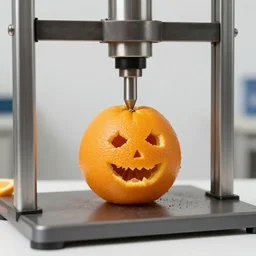 orange with face being crushed under a hydraulic press