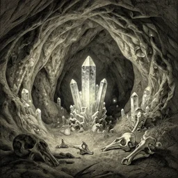 beautiful rotogravure of the inside of a cave with glowing crystals on the walls and bones on the floor, by gustave dore, sharp focus