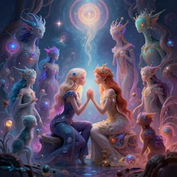 a psychedelic realm at the edge of existence where intensely creative astral beings live, the astral beings are holding each other to share love, in the style of WLOP, illustration, epic, fantasy, hyper detailed, smooth, unreal engine, sharp focus, ray tracing