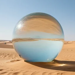 a huge glass sphere in desert, professional photography