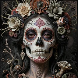 detailed realistic beautiful calaveras death goddess face portrait by jean delville, gustave dore, iris van herpen and marco mazzoni, art forms of nature by ernst haeckel, art nouveau, symbolist, visionary, gothic, neo - gothic, pre - raphaelite, fractal porcelain lace, intricate alien botanical biodiversity, surreality, hyperdetailed ultrasharp octane render