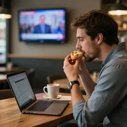 atmospheric cinematic still of a man sitting in a coffee bar eating a pastry while on his laptop, tv with the news on in the background