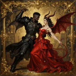 beautiful painting of black man and a female devil in red dress with horns are dancing together, in Dark souls and elden ring style, insanely detailed and intricate, golden ratio, hypermaximalist, elegant, ornate, luxury, elite, ominous, haunting, matte painting, cinematic, cgsociety, James jean, Brian froud, ross tran, Laputa