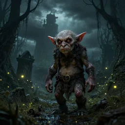 realistic rendering, a goblin, crypt in a swamp, night, dnd, spooky, stormclouds, fireflies, highly detailed, by jeff easley and larry elmore, 4 k, 5 0 mm, unreal engine, natural light, adobe photoshop