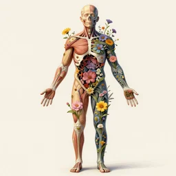 highly detailed illustration of a human anatomy body exploded by all the known species of flowers by michael reedy
