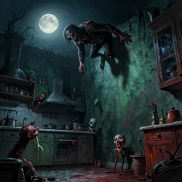 cinematic colorful horror artwork by artgerm, beksinski, wlop, bernie wrightson ; long shadow of rotten man figure falling on kitchen wall ; moonlight ; low angle ground level view ; dark ominous scary, 8 k hdr, creepy intricate ; volumetric dramatic lighting, insanely detailed, haunting