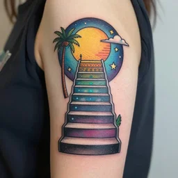 “a beautiful tattoo design with a vaporwave theme representing the seven steps of the esoteric alchemical process. It features kawaii stars and symbols. Simple tattoo design with white background.”