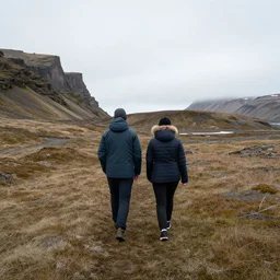 Man and woman walking together, Iceland landscape, phone photo, 12mpx