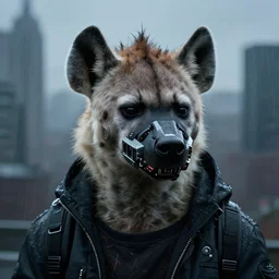 new york city portrait of furry anthro anthropomorphic spotted hyena head animal person fursona wearing clothes strange cybernetic muzzle gloomy rainy screenshot from the video game cyberpunk 2077 digital art by Greg Rutkowski, Simon Stalenhag, christopher nolan trending on Artstation, CGSociety