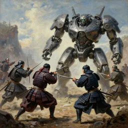 8 k art photography shot art shot, hyperrealistic, hyperdetailed, super detailed, uhd, uhd, 8 k, high resolution, epic fight scene, group of samurai attack futuristic military mech, painting by ross tran and ivan aivazovsky