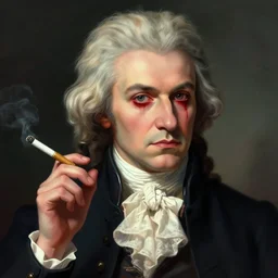 Mozart with bloodshot eyes holding a joint digital art
