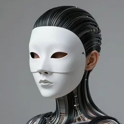 ultra detailed woman wearing a white mask with black wires on her head, featured on behance, net art, made of wire, 1 0 mm lens, elegant, hyper realistic, ultra detailed, hyper realistic vfx simulation, volumetric lighting, 8 k post - production