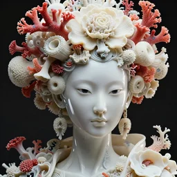 intricate hyper detailed ultra sharp portrait of a beautiful porcelain well contoured ivory fair smooth deep scifi cyberpunk mechanoid, black eyes, up close shot, sharp focus, global illumination, radiant light, intricate large haute couture coral flower headdress made of white sponge red corals, brackets, mushrooms, puffballs, rhizomorphs, alexandre ferra, irakli nadar, octane render, 4 k, ultra hd,
