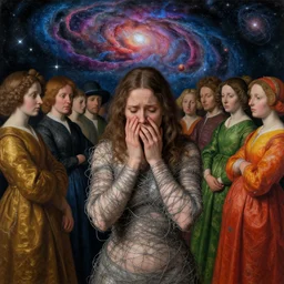 an anxious woman wrapped in wire, surrounded by a crowd of colorfully dressed people, a background of exploding nebulas, by jan van eyck