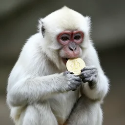 monkey with white fur eating bitcoins
