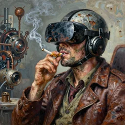 junky men smoking cigarette, vr helmet, durty colours, rotten textures, rusty shapes, biotechnology, norman rockwell, tim hildebrandt, mark maggiori, jeff dekal, long shot, hyperrealistic oil painting on canvas, deep depth field, cinematic composition, hyper - detailed, hdr, 8 k, 4 k