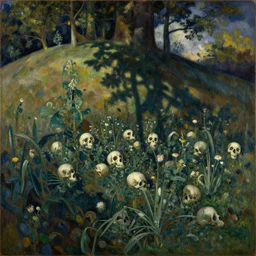 skull garden on hills by henri rousseau masterpiece shadows and highlights mucha beksinski
