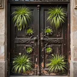 a huge old weathered dark wooden door made with bright metallic rush plant ornaments, ornate, fantasy, photorealistic, octane render, volumetric light, high definition, ultra detailed, trandind on artstation, midjourney