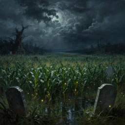 fantasy oil painting, a swamp, cornfield, gravestones, night, dnd, spooky, stormclouds, fireflies, highly detailed, by jeff easley and larry elmore and tim hildebrandt, 4 k, 5 0 mm, unreal engine