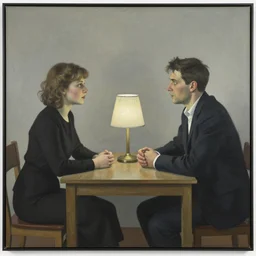 the art installation depicts two people, a man and a woman, sitting at a table. the man is looking at the woman with a facial expression that indicates he is interested in her. the woman is looking at the man with a facial expression that indicates she is not interested in him. there is a lamp on the table between them. louis vuitton by otto dix passionate, desaturated