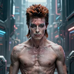 cinematic portrait cyberpunk extremely muscular david bowie with horns, cyberpunk city background, full face portrait, centered, symmetrical face, atmospheric lighting, intricate, volumetric lighting, cyberpunk, concept art, sharp focus, ultra detailed, concept art by marc simonetti and dan mumford. featured on artstation