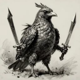 a humanoid bird holding two daggers, fantasy painting, heavy shading