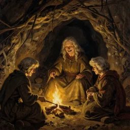Dutch masters old crone lighting a fire in a cave, smile, black teeth, LOTR, darkness, golden, painting