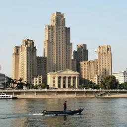 a man on a small boat on a river with large fractal city by mandelbrot neoclassical architecture, ancient high buildings, vertical classical temples, cinestill 8 0 0 t