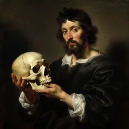 Dramatic oil painting of Luigi holding a skull, in the style of Rembrandt