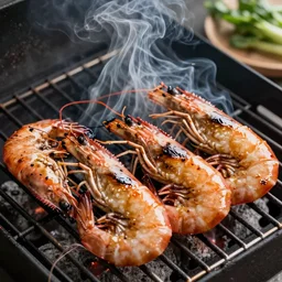 burned shrimp that was left on the grill way too long there is a lot of smoke , burning shrimp, thick smoke, black smoke, grill, flames, overcooked shrimp, high particle count, photo realistic