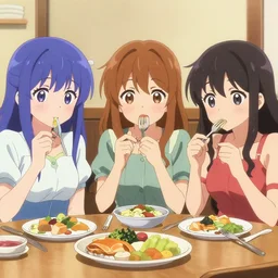 Anime key art featuring three sisters with different colored hair eating lunch