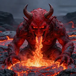 a devilish red monster with horns licking hot lava emerging from boiling rough fiery lava seas, monster licking lava, grimace, crying, close - up portrait photo by david lachapelle, masterpiece, trending on flickr