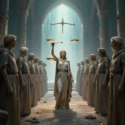 wide shot of souls lining up to be judged by a demigod, scales of justice, portal to afterlife, digital art