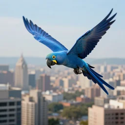 blue parrot flying above a city, octane render, 8k