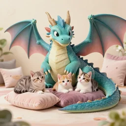 a dragon using kittens as pillows