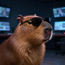 portrait, profile picture of capybara wearing sunglasses in a dark surveillance control!!! room, face illuminated by the dim light from computer screen f 1. 8. 8 k. from the new pixar movie