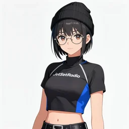 JetSetRadio Outfit concept of an anime girl wearing a black grey and blue crop top, rounded eyeglasses, a beanie, and sneakers grey. painted by Simon Stålenhag, detailed, deviantart, high quality, raytraced, amazing detail, glorious lighting, well lit, trending on artstation