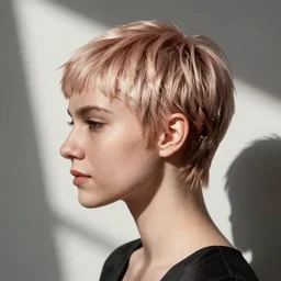 strawberry blond pixie cut, professional fashion photo