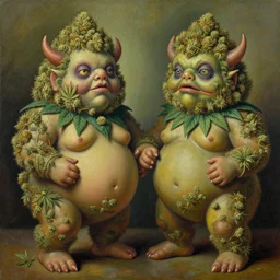 a portrait of a beautiful but grotesque pair of marijuana cannabis bud monsters. oil painting by botero