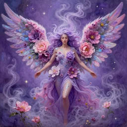 a colorful and provenance portrait painting of a angel with her hugeflowers wings spread out gracefully, purple and pink colors ， glitter accents on figure, highly saturated colors, detailed, highly detailed, hair made of hair made of air wind and curling smoke, mist, dust, genie, flowers, flower, stars, spirit fantasy concept art ， art by charlie bowater and aenami, trending on artstation.